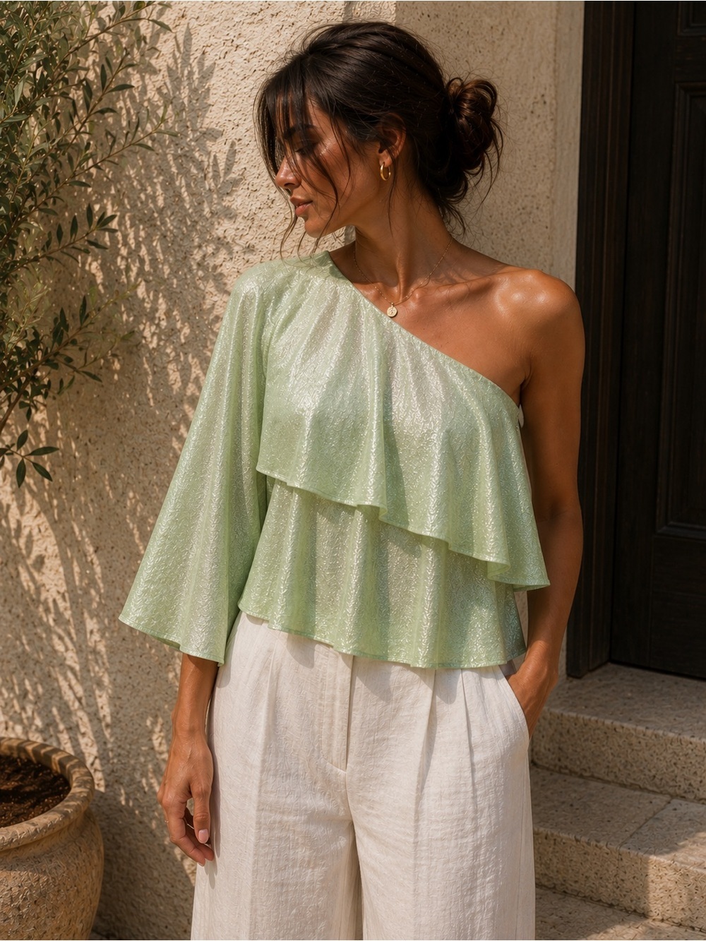 Zara NWT Green Metallic One Shoulder Ruffle Crop Top Small Fairycore